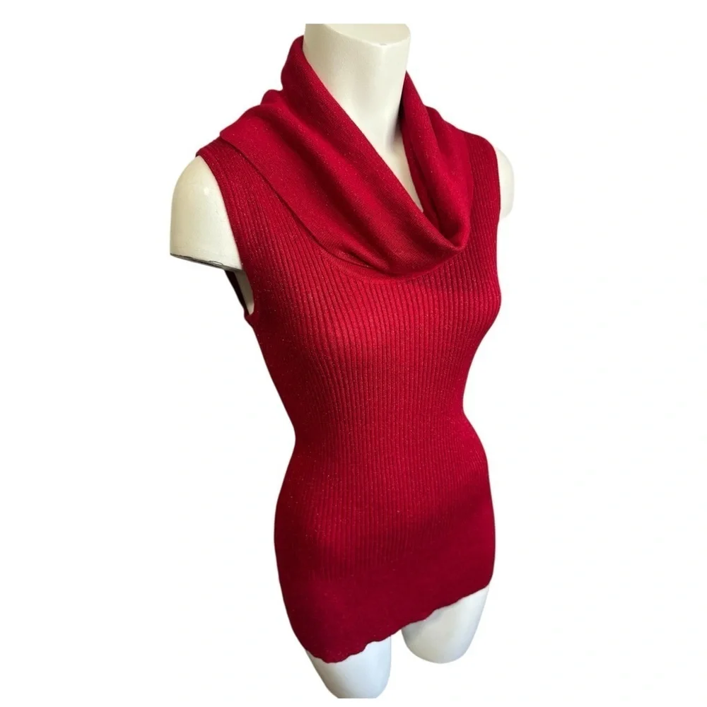 Ribbed Red Cowl Neck Tunic Sweater Women’s Medium Parisian Chic Minimalist